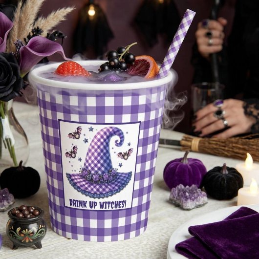 Lila Gingham Halloween Hexenhut & Fledermäuse Pappbecher