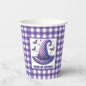 Lila Gingham Halloween Hexenhut & Fledermäuse Pappbecher (Rückseite)
