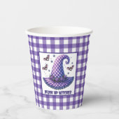 Lila Gingham Halloween Hexenhut & Fledermäuse Pappbecher (Vorderseite)