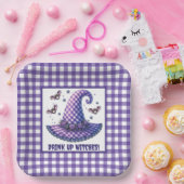 Lila Gingham-Halloween-Hexenhut & Fledermäuse Pappteller (Party)
