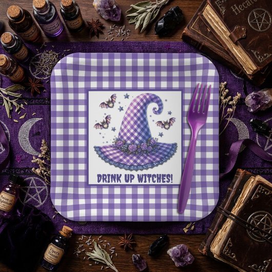 Lila Gingham-Halloween-Hexenhut & Fledermäuse Pappteller