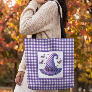 Lila Gingham-Halloween-Hexenhut & Fledermäuse Tasche
