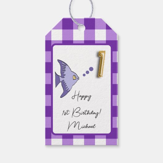 Lila Gingham Happy 1. Geburtstag Geschenkanhänger (Vorderseite)