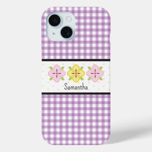 Lila Gingham-Kariert-Blumen-Monogramm Case-Mate iPhone Hülle (Rückseite)