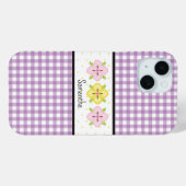 Lila Gingham-Kariert-Blumen-Monogramm Case-Mate iPhone Hülle (Rückseite (Horizontal))