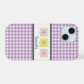 Lila Gingham-Kariert-Blumen-Monogramm iPhone 15 Hülle (Rückseite (Horizontal))