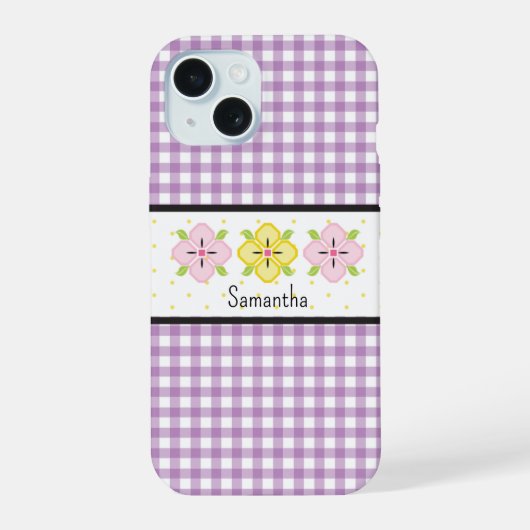 Lila Gingham-Kariert-Blumen-Monogramm iPhone 15 Hülle (Rückseite)
