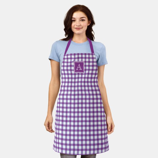 Lila Gingham Kariert Tartan Modern Monogram Schürze (Getragen)