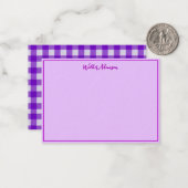 Lila Gingham Karo Kariert Tartan Name Border Mitteilungskarte (Vorderseite/Rückseite Beispiel)