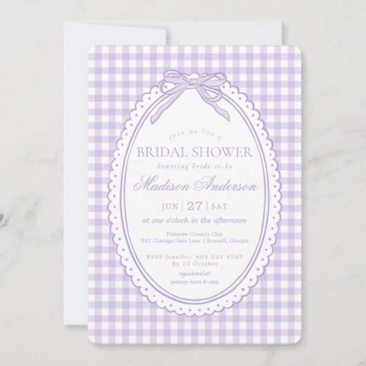 Lila Gingham Kokette Bogen Brautparty Einladung (Vorderseite)