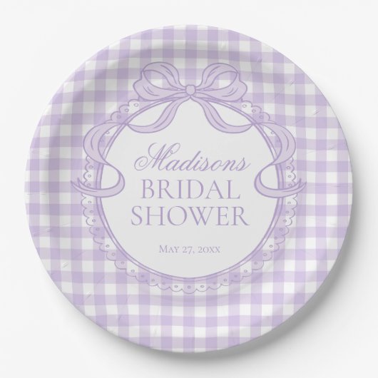 Lila Gingham Kokette Bogen Brautparty Pappteller (Vorderseite)