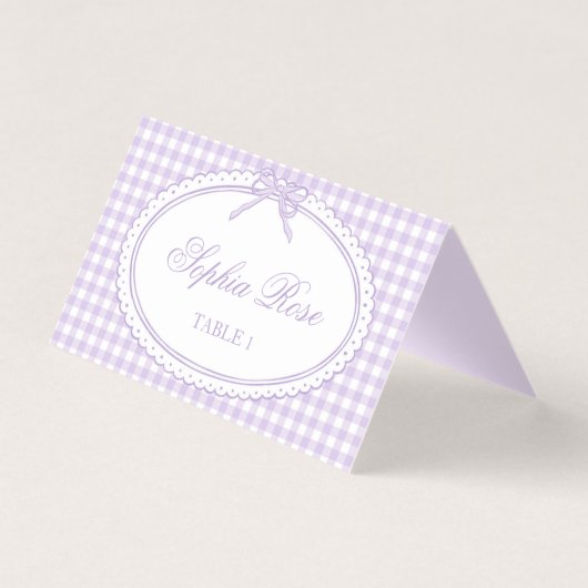 Lila Gingham Kokette Bogen Tischdeko für Platzkart (Vorderseite)