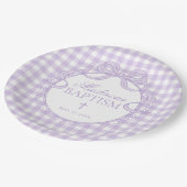 Lila Gingham Kokette Schleife Taufe Pappteller (Schrägansicht)