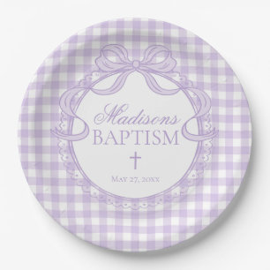 Lila Gingham Kokette Schleife Taufe Pappteller