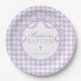 Lila Gingham Kokette Schleife Taufe Pappteller