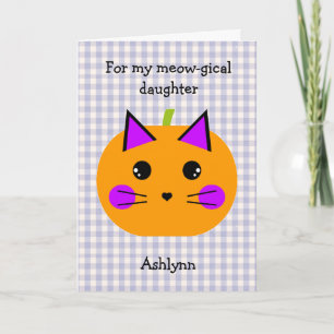 Lila Gingham-Kürbis-Katzen-Halloween-Tochter Karte