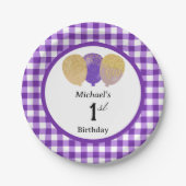 Lila Gingham & Luftballons 1. Geburtstag  Pappteller (Vorderseite)