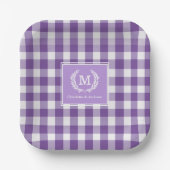 Lila Gingham Monogram Wappen Custom Pappteller (Vorderseite)