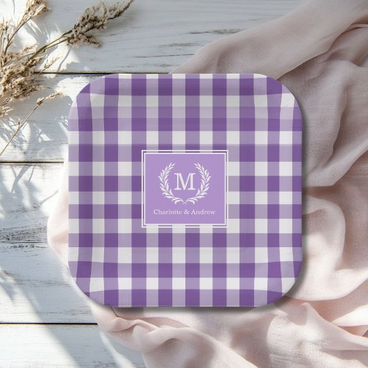 Lila Gingham Monogram Wappen Custom Pappteller