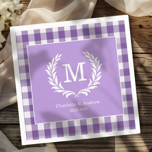 Lila Gingham Monogram Wappen Custom Serviette