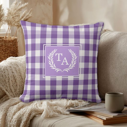 Lila Gingham Monogram Wappen Kissen