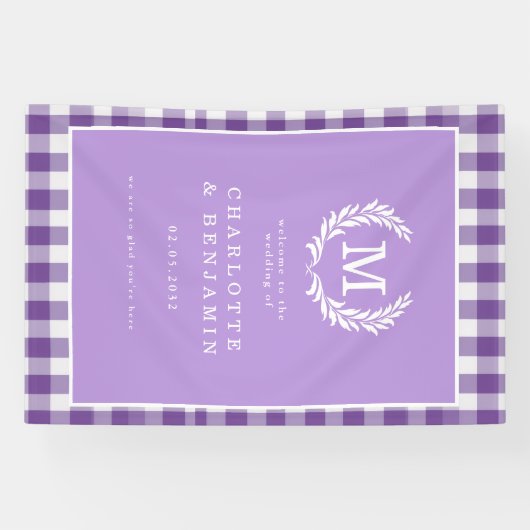 Lila Gingham Monogram Wappen Wedding Welcome Banner (Horizontal)