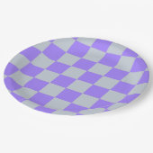 Lila Gingham-Muster Pappteller (Schrägansicht)