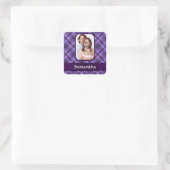Lila Gingham-Muster Quadratischer Aufkleber (Tasche)