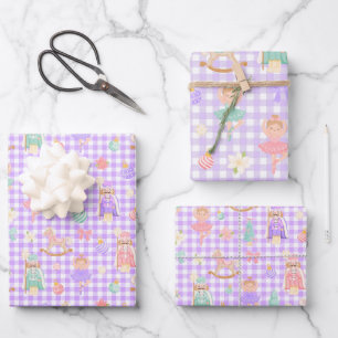 Lila Gingham Nussknacker Geburtstag Geschenkpapier Set