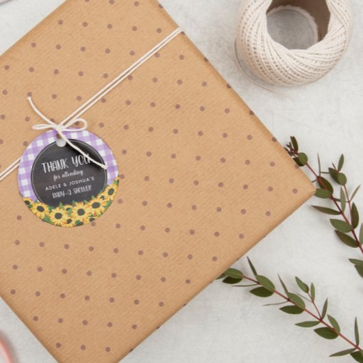 Lila Gingham & Sunflowers Baby-Q Dusche Danke Yo Geschenkanhänger