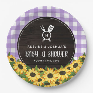 Lila Gingham & Sunflowers Rustic Baby-Q Dusche Pappteller