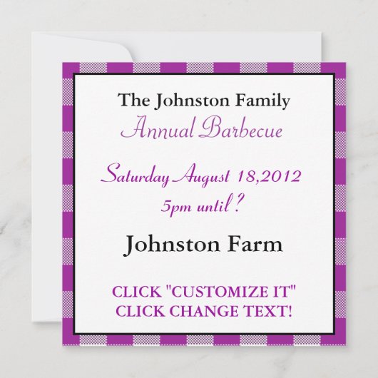 Lila Gingham-Tischdecke GRILLEN Einladung (Rückseite)