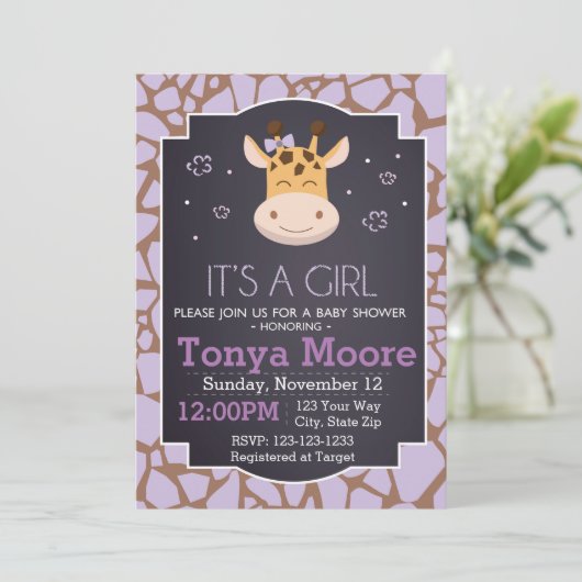 Lila Giraffe-Kinderdusche (Mädchen) Einladung (Stehend Vorderseite)
