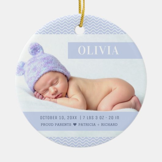Lila Girl Baby Birth Stats Weihnachtsfest Foto Keramik Ornament (Vorne)