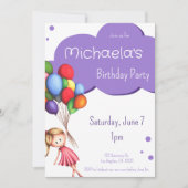 Lila Girl Floating Up mit Balloons Geburtstag Einladung (Vorderseite)