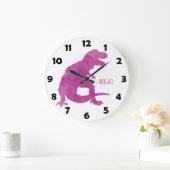 Lila Girls Watercolor Dinosaurier Personalisierte  Große Wanduhr (Zuhause)