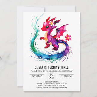 Lila Girly Dragon Digital Girl Geburtstag Einladung