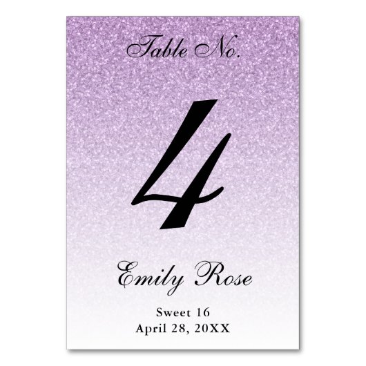 Lila Glam Glitzer Tischnummer Card (Rückseite)