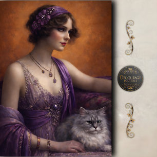 Lila Glamour Frau Katze Dekupage Seidenpapier