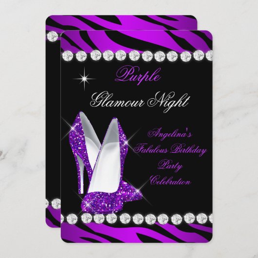 Lila Glamour Night Zebra Glitzer Shoes Einladung (Vorne/Hinten)