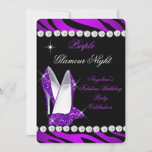 Lila Glamour Night Zebra Glitzer Shoes Einladung (Vorderseite)