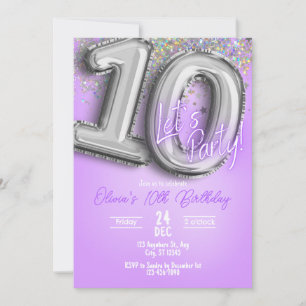 Lila Glitter 10. Geburtstagseinladung Einladung