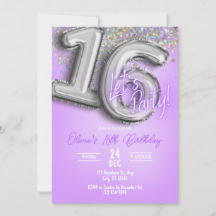Lila Glitter 16. Geburtstagseinladung Einladung