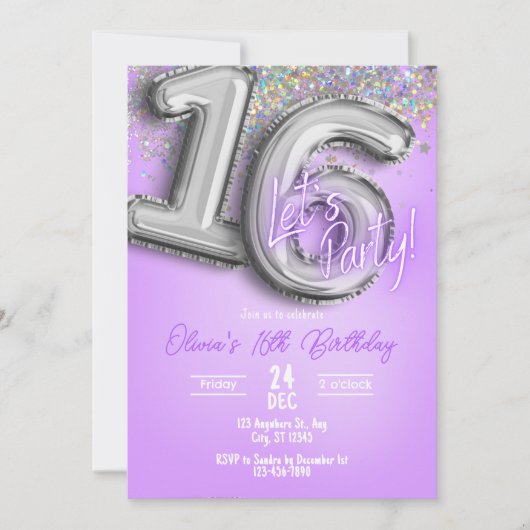 Lila Glitter 16. Geburtstagseinladung Einladung (Vorderseite)