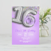 Lila Glitter 16. Geburtstagseinladung Einladung (Stehend Vorderseite)