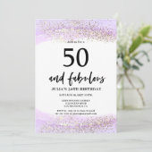 Lila Glitter 50. Geburtstagsfeier Einladung (Stehend Vorderseite)