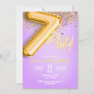 Lila Glitter 7. Geburtstagseinladung Einladung