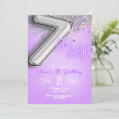 Lila Glitter 7. Geburtstagseinladung Einladung (Stehend Vorderseite)
