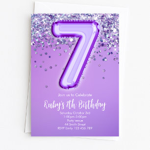Lila Glitter 7. Geburtstagseinladung Einladung