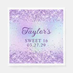 Lila Glitter Blass Irisierendes Folien Sweet 16 Serviette